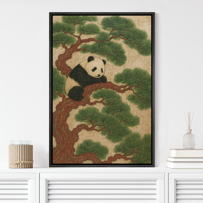 «Panda on Red Pine Tree Art», reproduction d'art sur toile encadrée, H 36 po x l 24 po x P 1,5 po, Structure noire