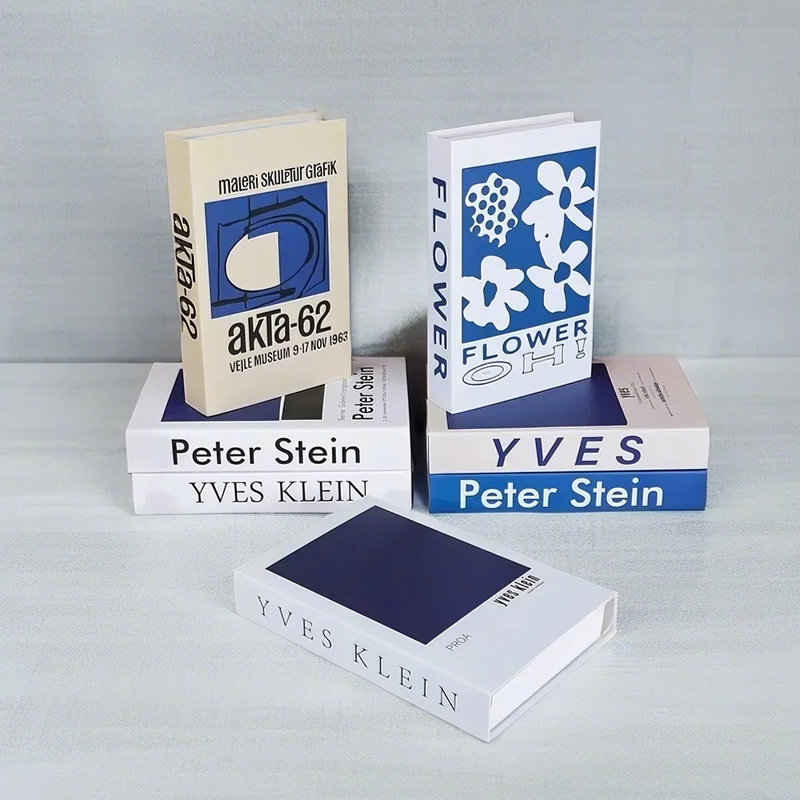 Blue Decorative Books Set of 7, Klein Blue Foldable Faux Books with Modern Art Covers for Coffee Table, Bookshelf, Mantel and Entryway