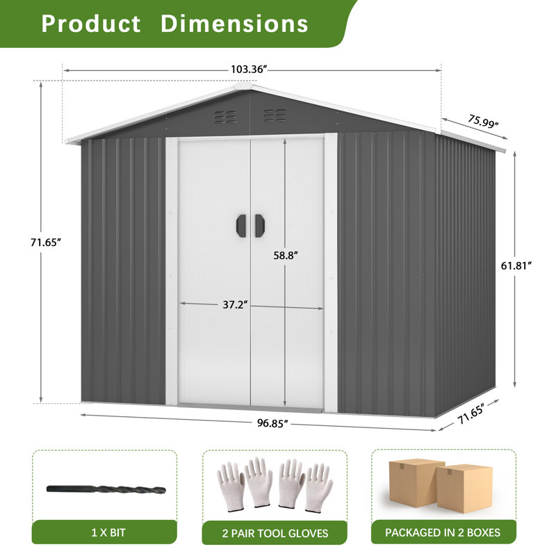 8 ft. W x 6 ft. D Tool Storage Outdoor Storage Shed with  with Floor, Lockable Sliding Doors and Vents, Light Gray