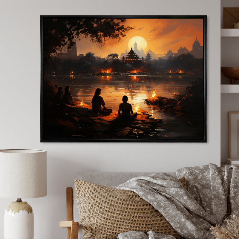 " Hinduisim Sunset Aarti I ", 34" H x 44" W x 1.5" D, Black Floater Framed