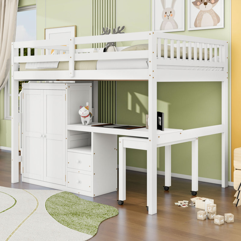 Lit mezzanine en bois avec bureau d'étude intégré, armoire, tiroirs et table mobile, Double, Blanc