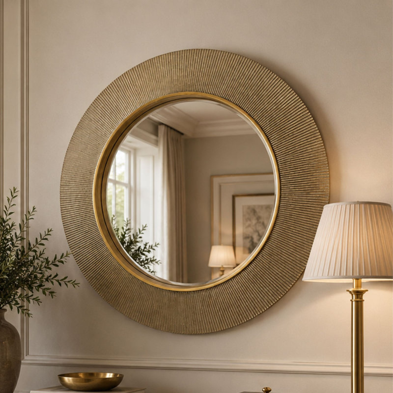 Aubry Round Ribbed Mirror Bevelled, Gold 