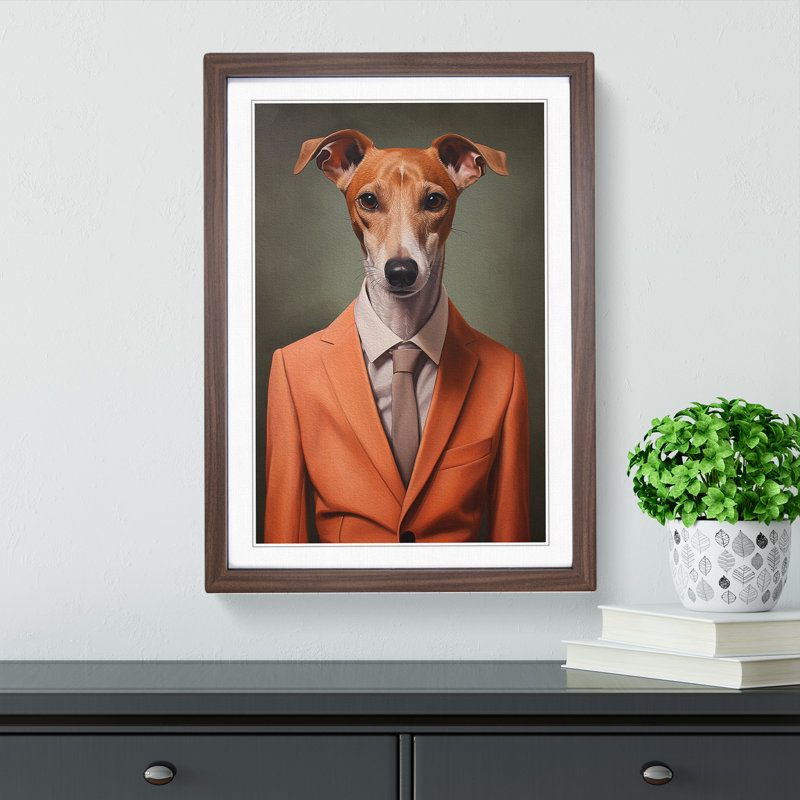 Whippet In A Suit - Single Picture Frame Print on Wood, 46cm H x 34cm W x 2cm D, Walnut Framed