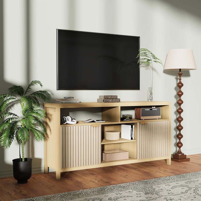 Fluted TV Stand for 65" TV, Mid Century Modern Media Console with Storage, Adjustable Shelves Farmhouse TV Cabinet, Oak