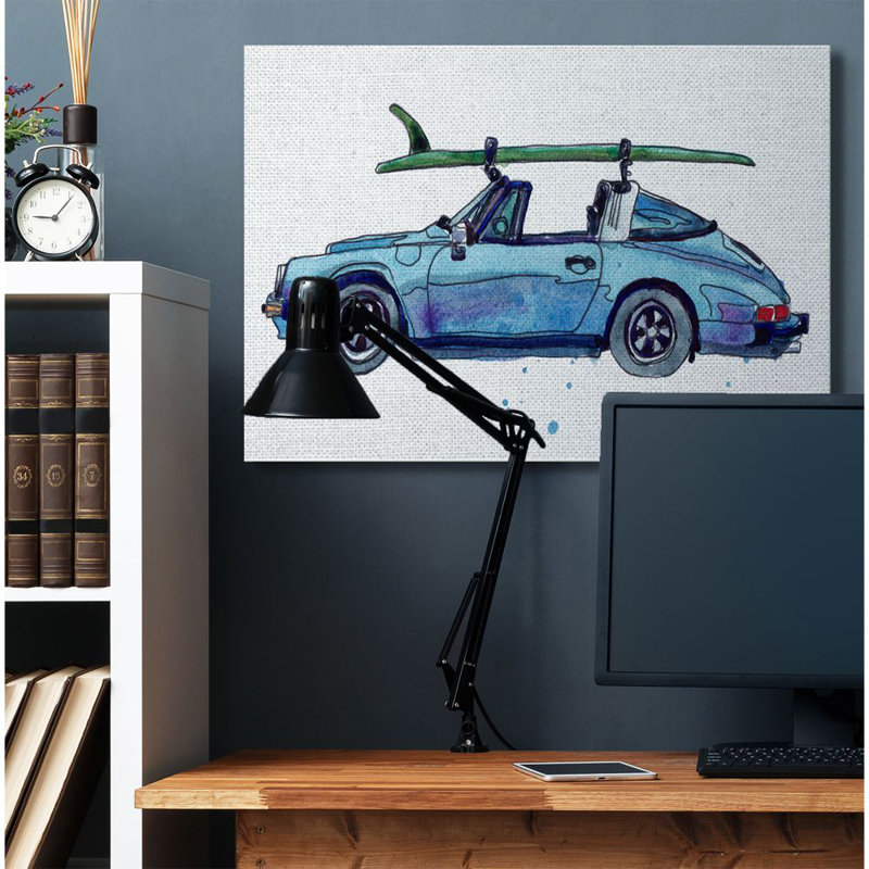 «Vintage Blue Car Retro Beach Surf Style» par Paul McCreery - reproduction d'art, H 48 po x l 36 po x P 1,5 po, Toile tendue