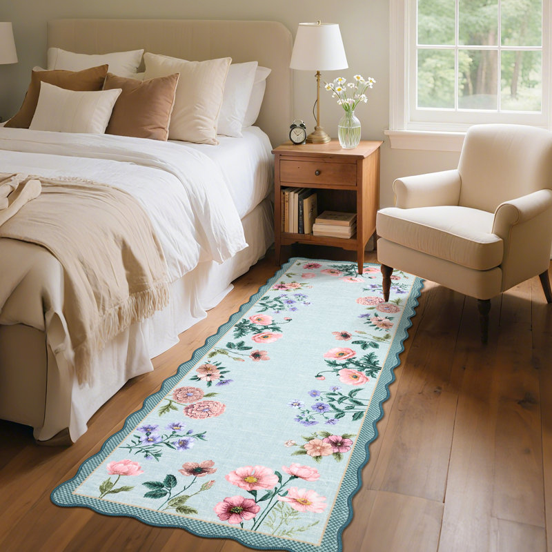 Farmhouse Floral Machine Washable Rug with Non Slip TPR Backing, Soft Non Shedding Scalloped Carpet, Low Pile Thin Floor Mats