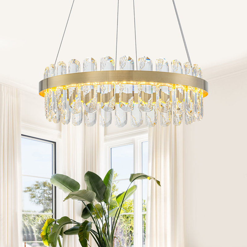 Lustre moderne en cristal doré, plafonnier encastré rond à DEL de 19,5 po, hauteur réglable de 15 à 80 po, blanc chaud à intensité variable 3000 K, compatible avec un plafond incliné pour la salle à manger et le salon