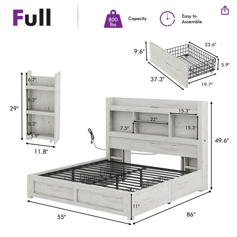 Sherell Full Size Bed Frame with 4 Storage Drawers,White, White, Full / Double