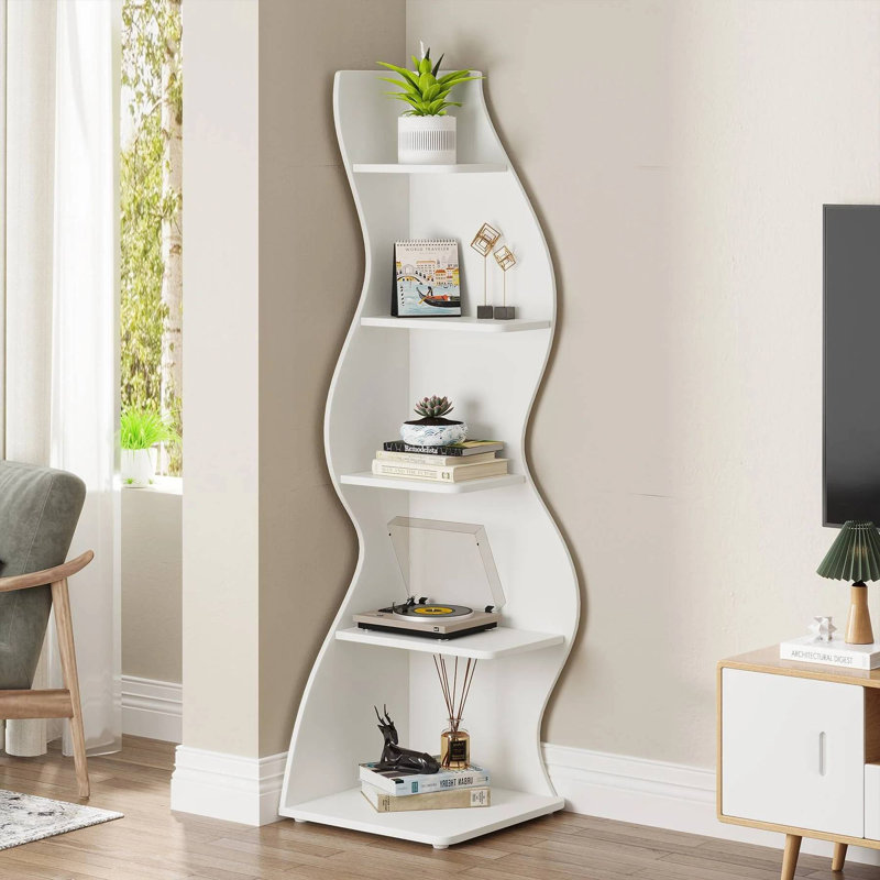 TribeSigns 5-Tier Corner Shelf, Modern Wall Corner Bookshelf Bookcase, White