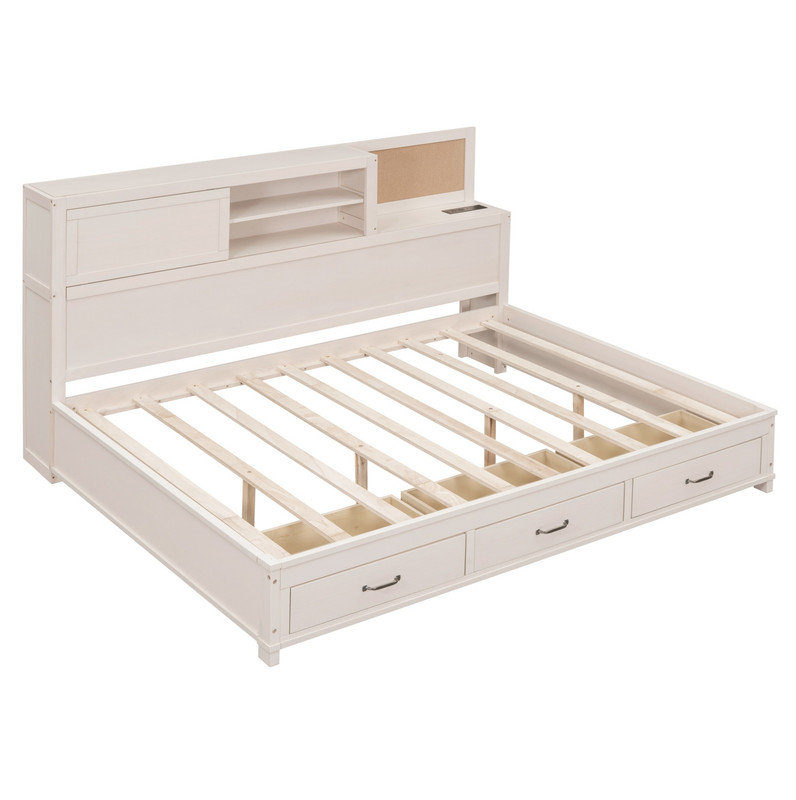 Lit de jour en bois pleine grandeur avec 3 tiroirs de rangement, tablette souple supérieure, tablette et ensemble de prises et ports USB, blanc