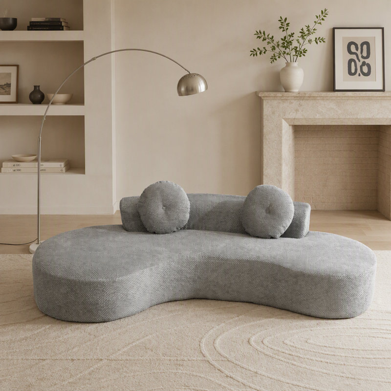 Canapé courbé moderne et minimaliste, canapé-lit 3-4 places avec 2 coussins, aucun assemblage requis, velours côtelé anti-froissement, gris