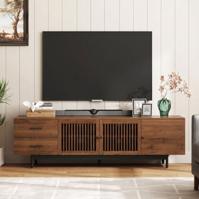 Meuble télé rétro de 78 pouces avec portes à lattes, deux tiroirs à glissières douces, étagères réglables et charnières à fermeture amortie – Console multimédia pour téléviseurs jusqu'à 85 pouces dans le salon et la chambre