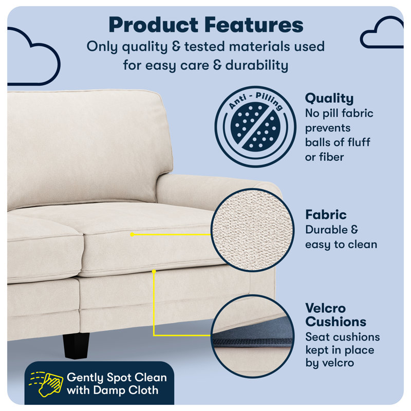 Serta Copenhagen 73" Rolled Arm Sofa, Easy Care Fabric, Soft Pillow Back, Pocket Coil Seat Cushions, Cream Microsuede