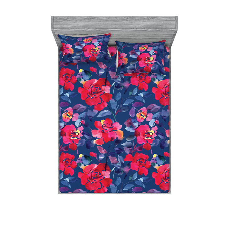 Drap-housse et taies décoratives 3 pièces Ambesonne, Rose vif, bleu ciel foncé / floral