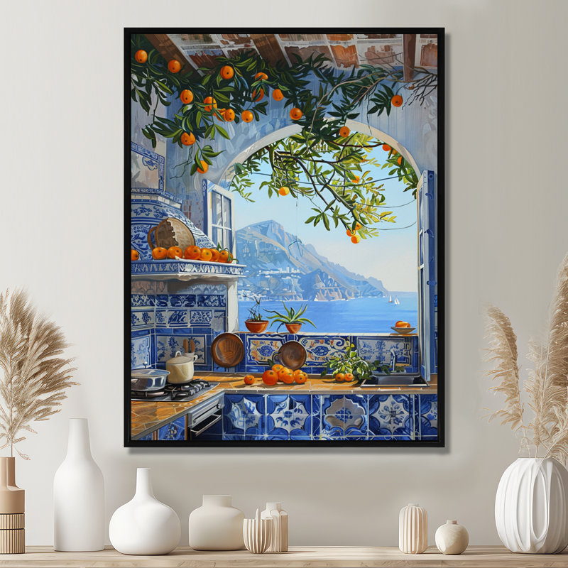 Fenêtre vue de la mer méditerranée cuisine oranges I - cuisine, art mural, H 32 po x l 24 po x P 1 po