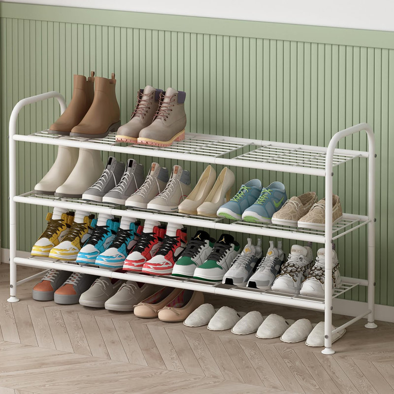 3 Tier Shoe Rack Made of Metal, Exquisitely Designed for Closets and Entryways, White