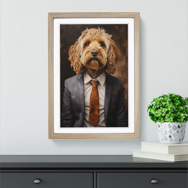 Cockapoo In A Suit Painting No.4 - Single Picture Frame Print on Wood, 34cm H x 25cm W x 2cm D, Oak Framed