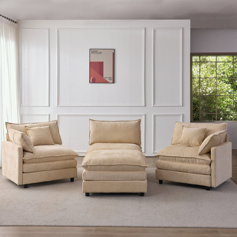 Canapé modulaire en L en chenille avec repose-pieds, Chenille café clair