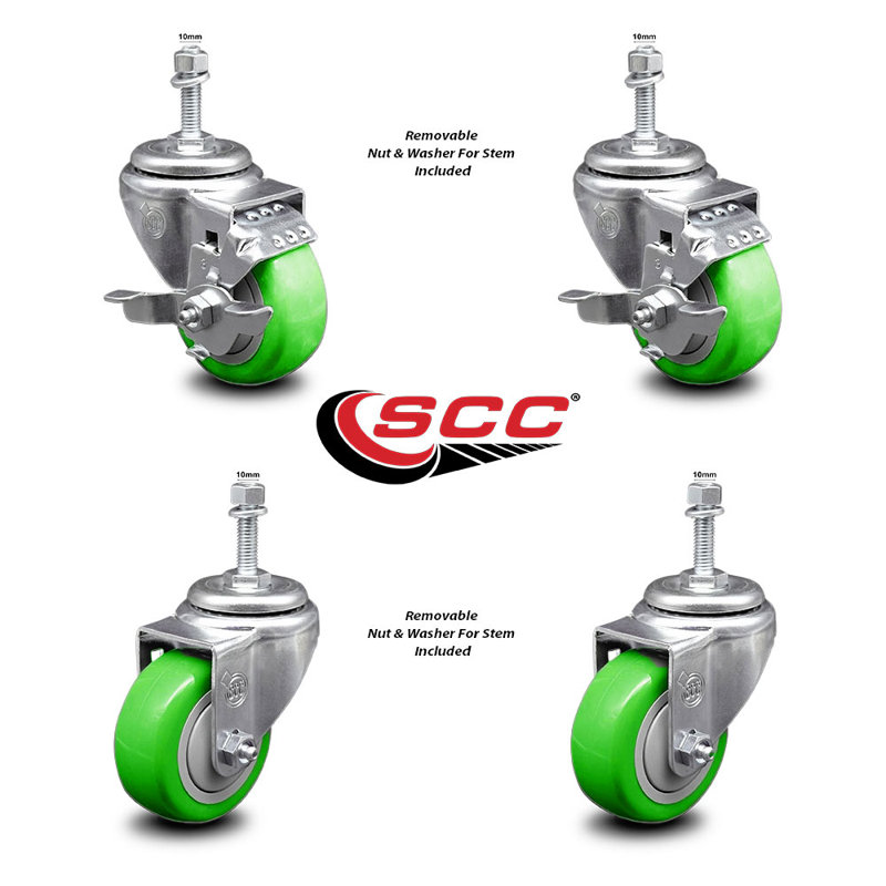 Ensemble de 3 roulettes à tige filetée en polyuréthane pivotant de 10 mm et 3 freins, Vert