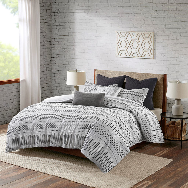 Literie en coton Mackinzey, Housse de couette double / grand + 2 taies décora, Gris / noir