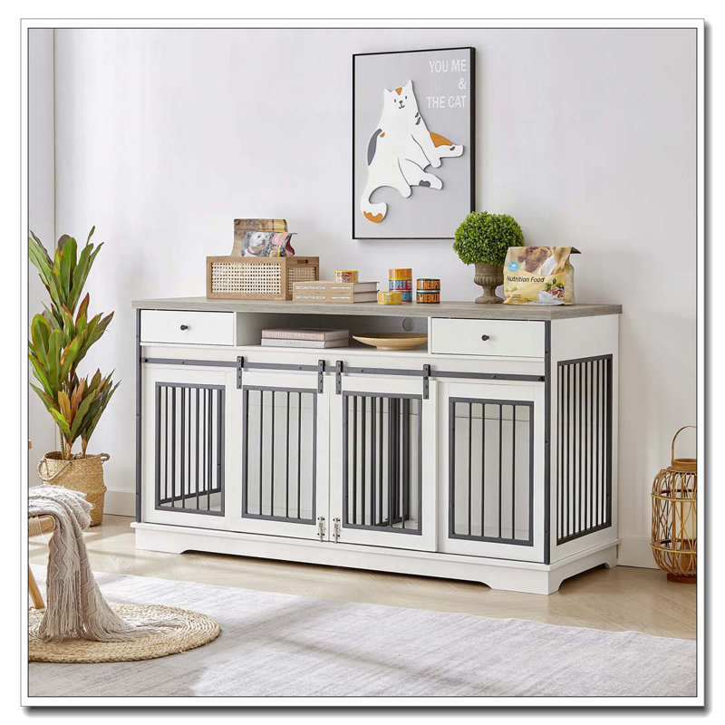 Meuble télé avec cage pour chien et cage avec 2 tiroirs, Blanc