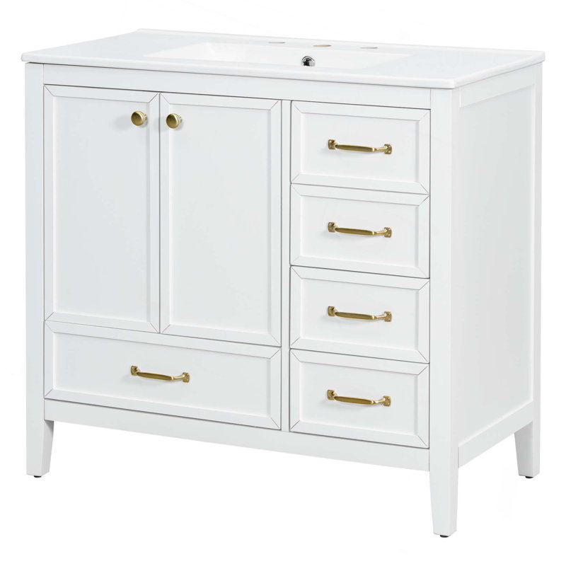 Meuble-lavabo 36 po avec lavabo et porte à fermeture en douceur, 4 tiroirs de différentes tailles, structure et pieds en bois massif