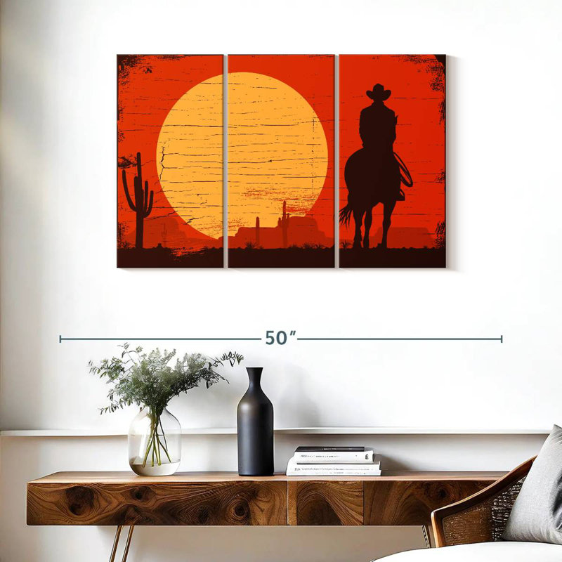 Silhouette de cowboy au coucher du soleil, H 24 po x l 38 po