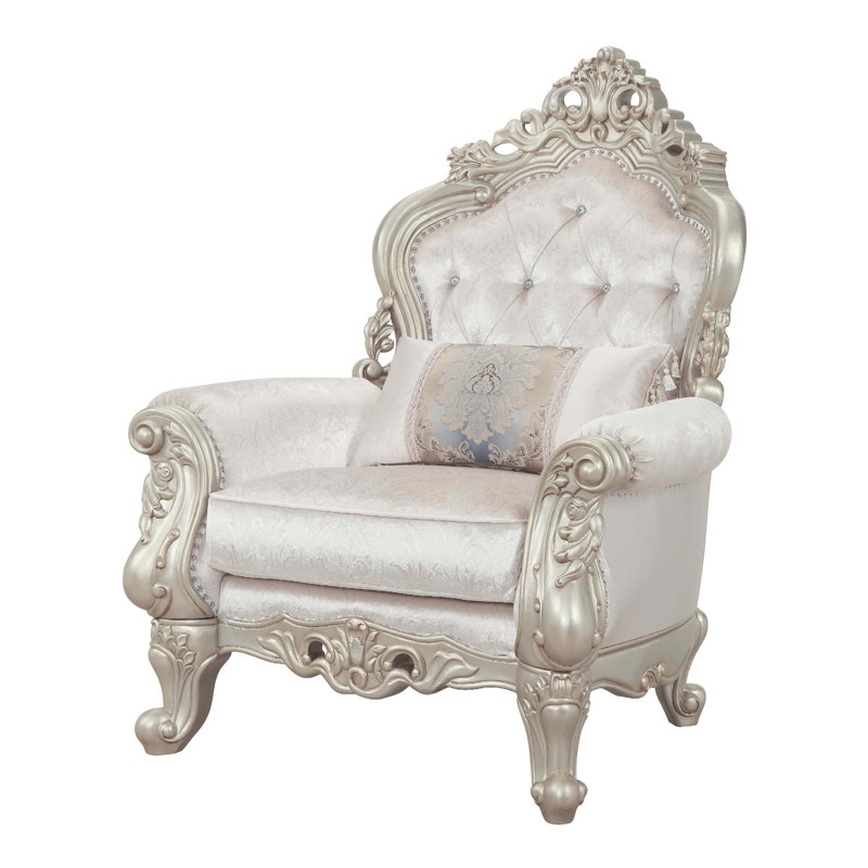 Antique White Floral Upholstered Wood Accent Chair