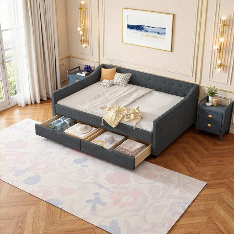 Full Size Upholstered Daybed with Storage Drawers, Convertible Sofa Bed, Dark Gray, Full/Double