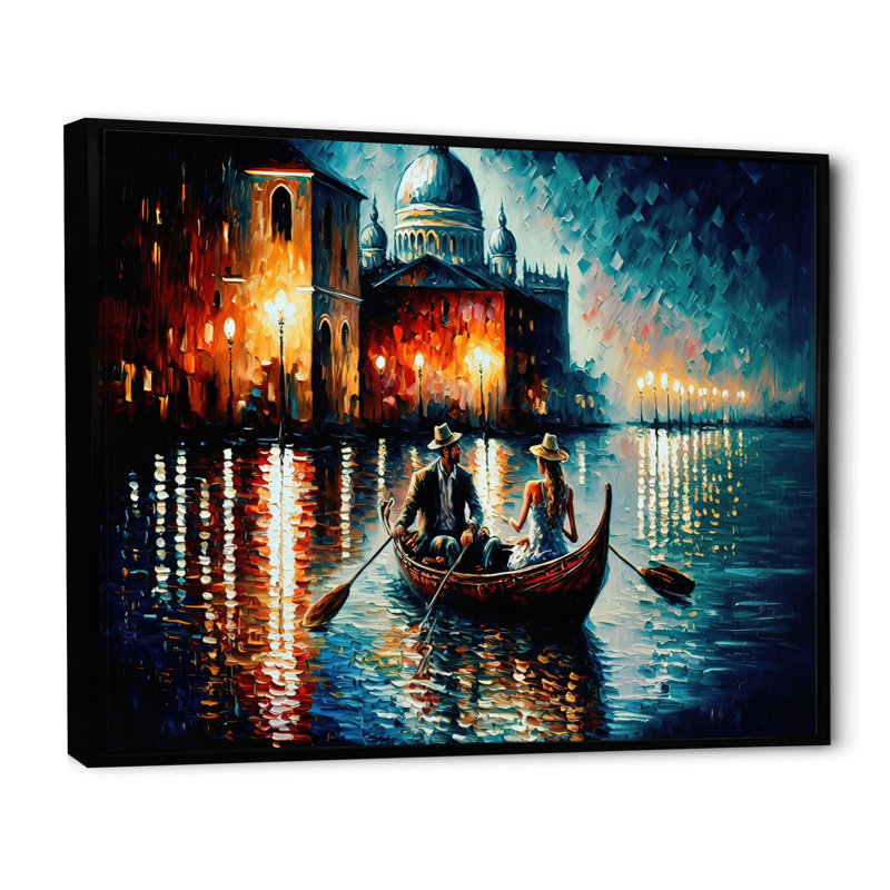 Soirée romantique sur un petit bateau II - Peinture sur toile, H 24 po x l 32 po x P 1 po, Cadre flottant noir