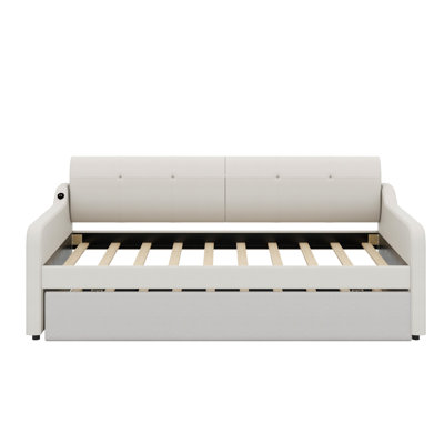 Upholstery Daybed With Trundle And USB Charging Design,Trundle Can Be Flat Or Erected