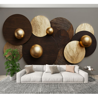 Peel and Stick Wallpaper Abstract Gold Wood Circle Wall Art Geometric Wall Murals 100"H x 144"W Removable PVC Wall Paper Self-Adhesive Wall Decor for Bedroom Living Room Home Office