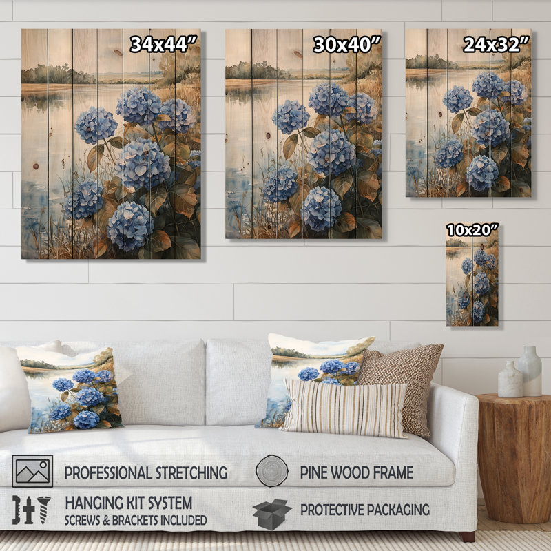 Hydrangeas By The Riverbank I - Hydrangea Wood Wall Art - On Natural Pine Wood, 44" H x 34" W x 0.78" D