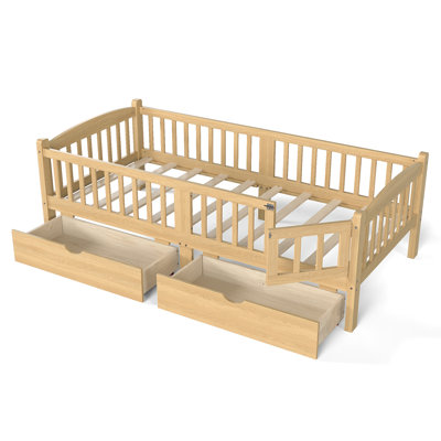 Lit plateforme simple TG avec garde-corps pleine longueur, lit plateforme pour enfants avec tiroirs de rangement, tête de lit enfantine et mignonne