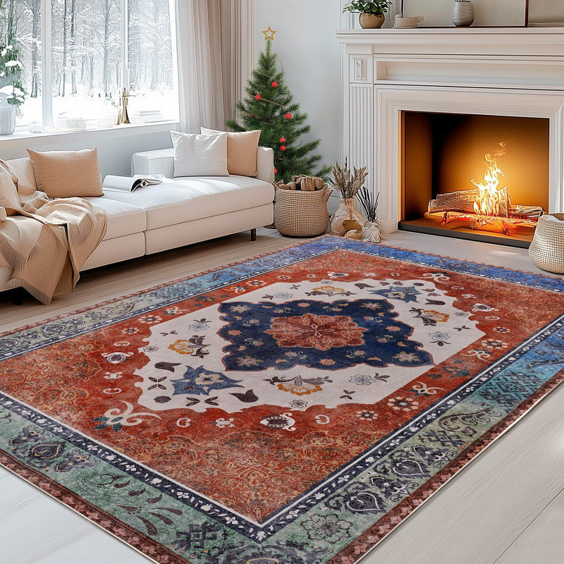Machine Washable Indoor&Outdoor Area Rug Non-Slip Backing Red Vintage Low Pile Rug for Living Room Bedroom Dorm Hotel