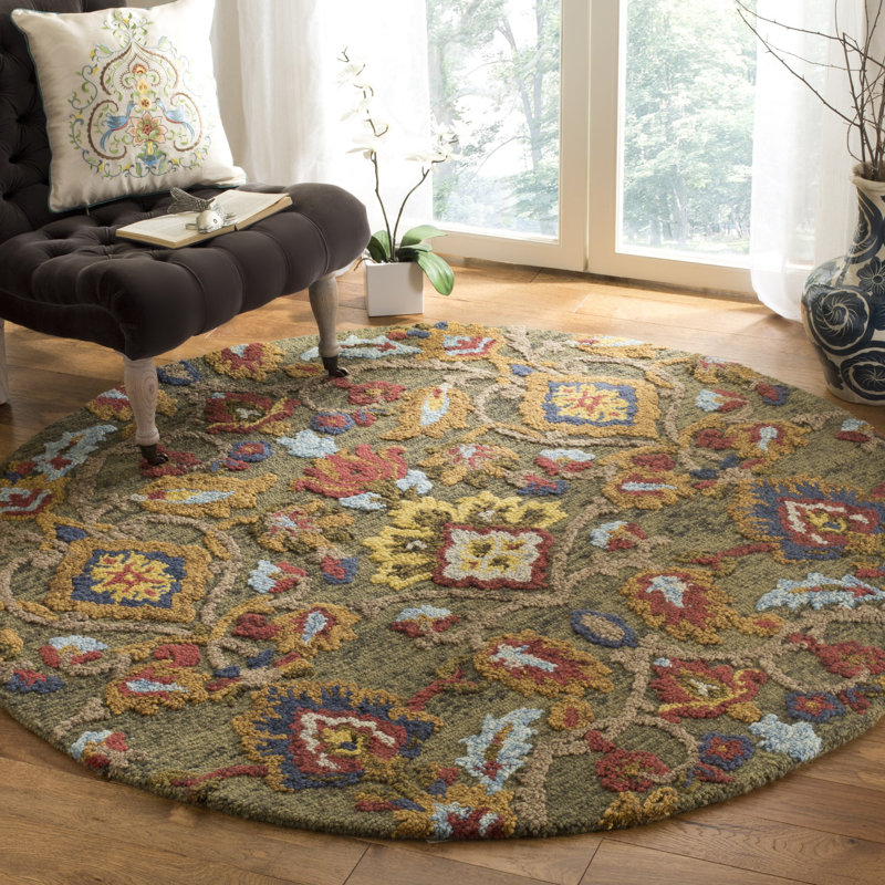 Tapis vert / multicolore en laine fait à la main Tansy, Rond 11 pi