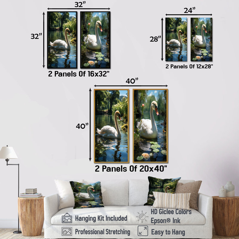 «Swans Refuge In Tropical Lake - Swans», ensemble de 2 reproductions d'art mural, H 40 po x l 41 po, Toile tendue