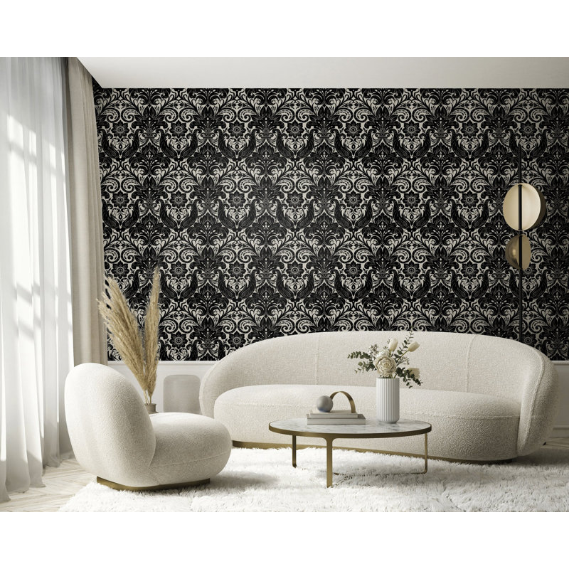 Llewelyn-Bowen - Off The Wall Damask Fabric Wallpaper Roll, Black