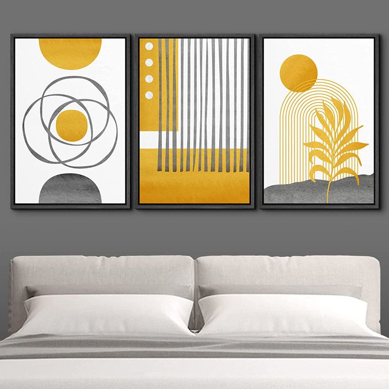 Cadre flottant de style Mid-Century moderne 3 pièces, impression sur toile, Noir, H 24 po x l 48 po x P 1,5 po