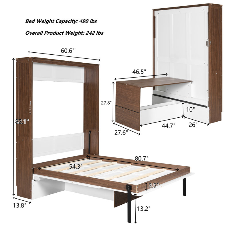 Lit escamotable double avec bureau pliable, Blanc / noyer