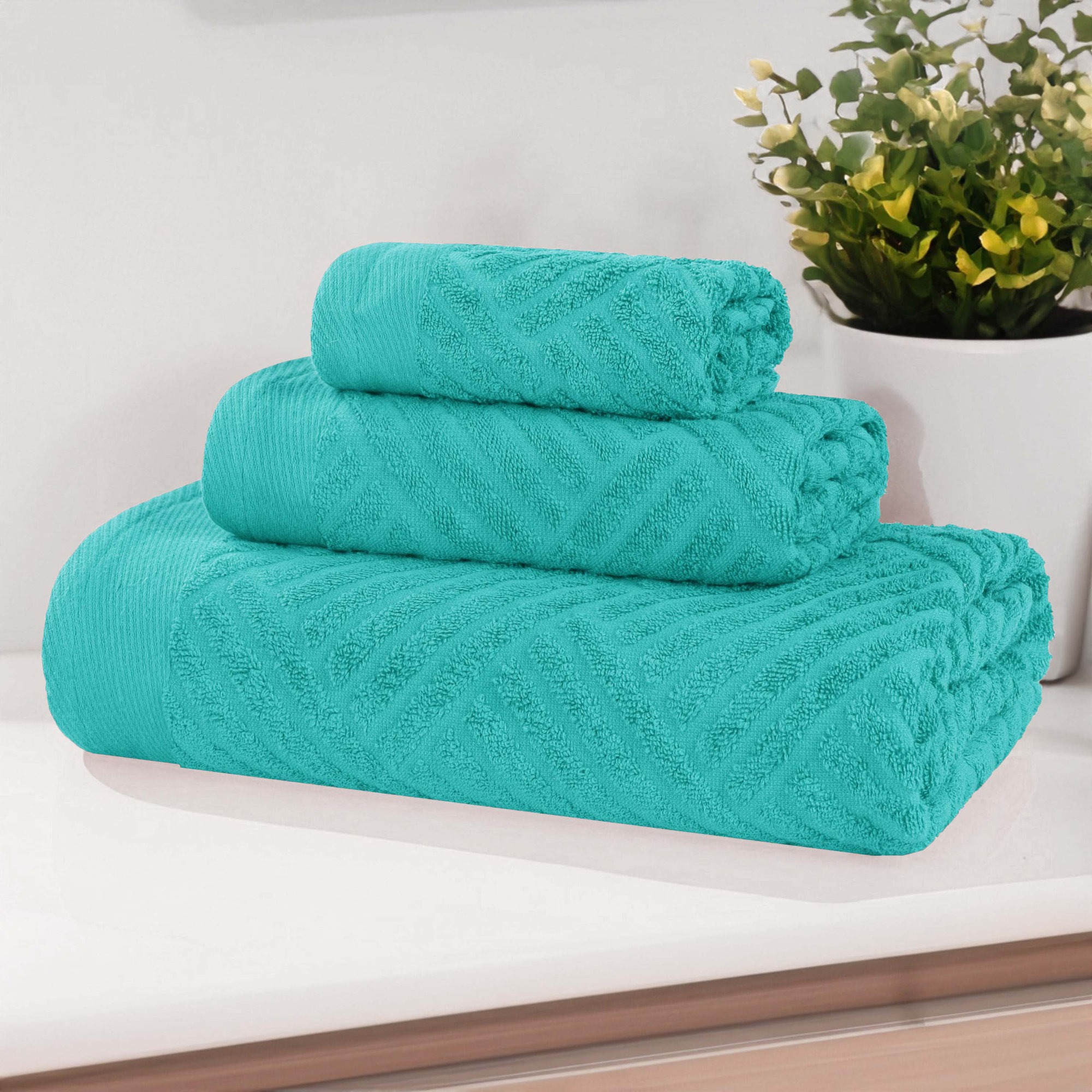 Ocilla Certified Egyptian Cotton Medium Weight Textured Soft Absorbent Jacquard 3 Piece Towel Set, Turquoise