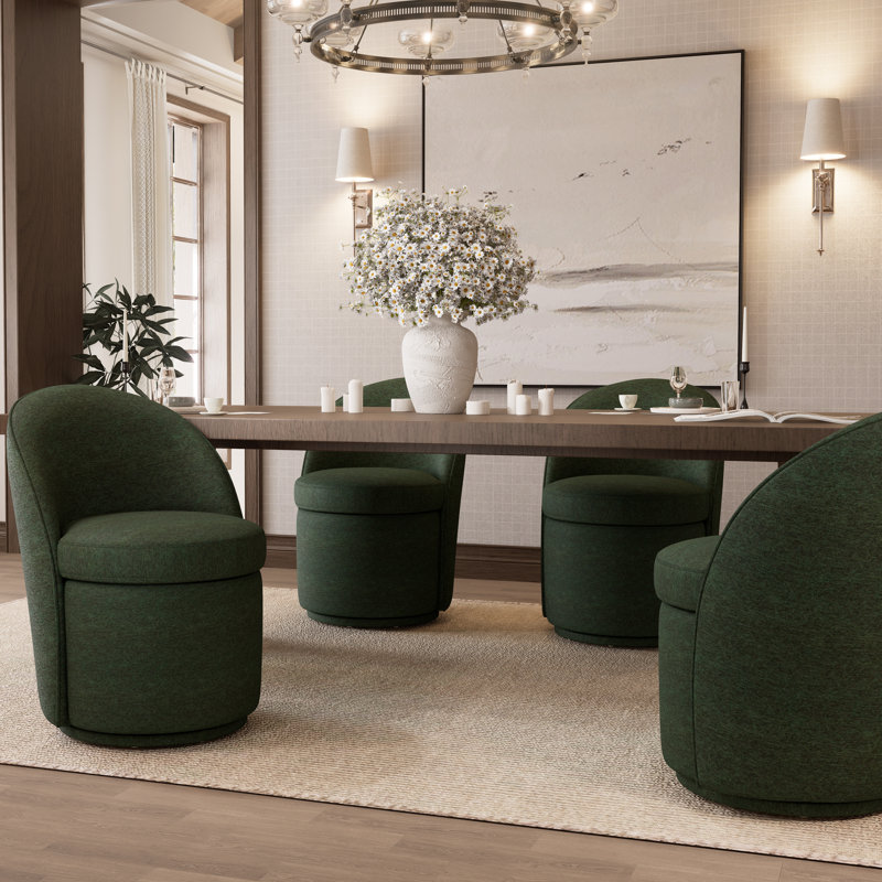 Upholstered Barrel Dining Chair, Boucle Fabric Swivel Kitchen Chair, Wingback Side Chair, Armless Vanity Chair, Green