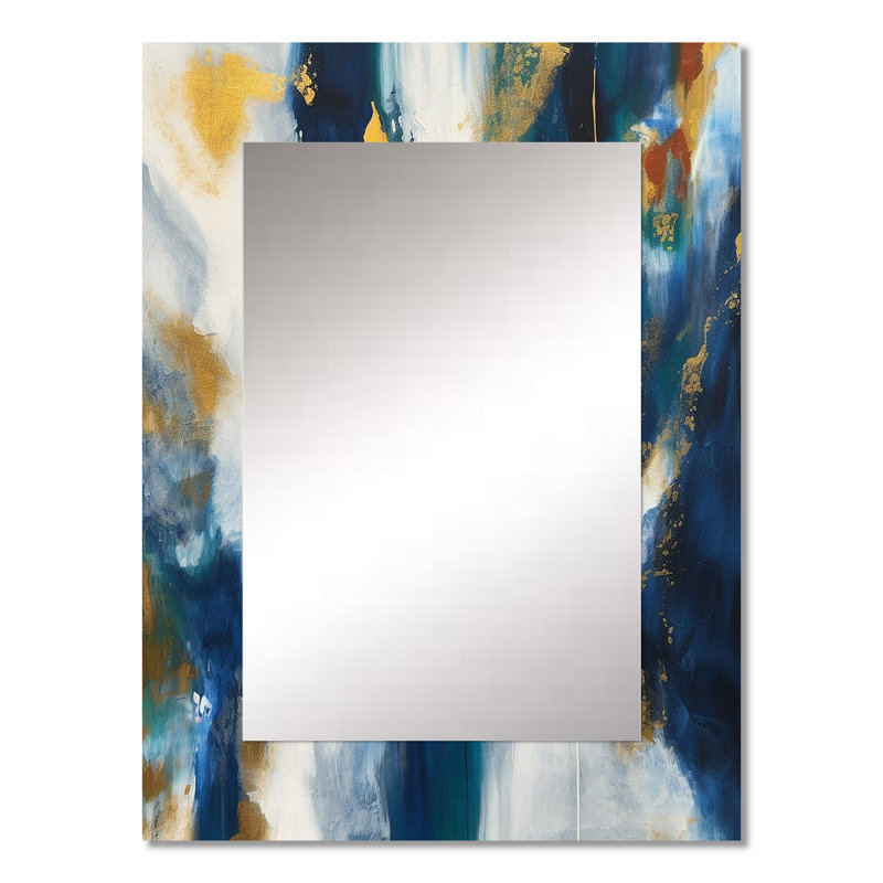 Abstrait profond en bleu royal et or V - grand miroir mural sur métal, 32 po x 24 po