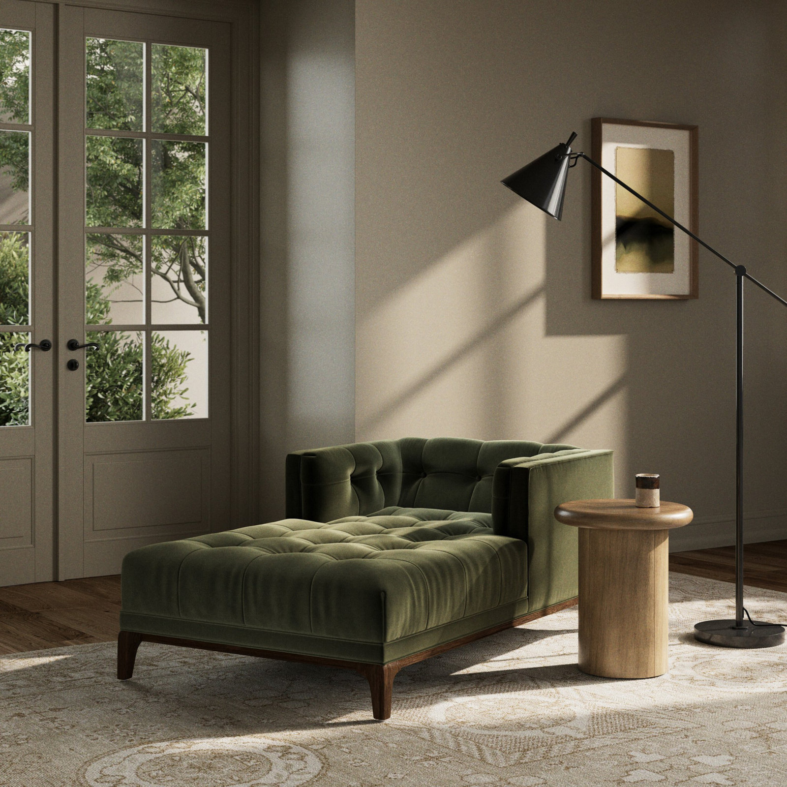 Bari Upholstered Chaise Lounge, Sapphire Olive Velvet