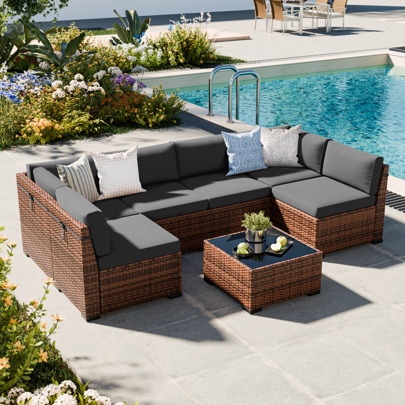 Treyshun 7 Piece Wicker Outdoor Modular Sectional Seating Group with Optional Fire Pit Table, Charcoal, No