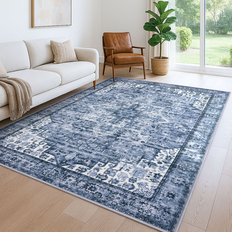 Soft Medallion Printed Rug With Non-Slip Backing Blue Area Rugs Living Room Bedroom Rugs, Rectangle 6' x 9'