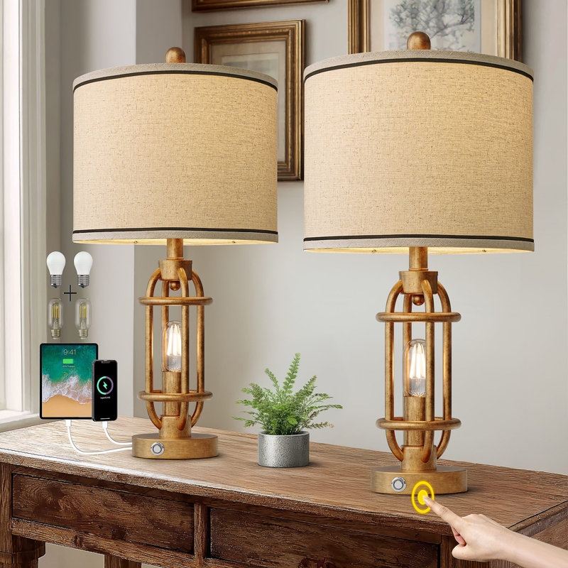 23.75" Industrial Style Touch Table Lamp With Usb Charging,for Living,office,hallway Including Bulb