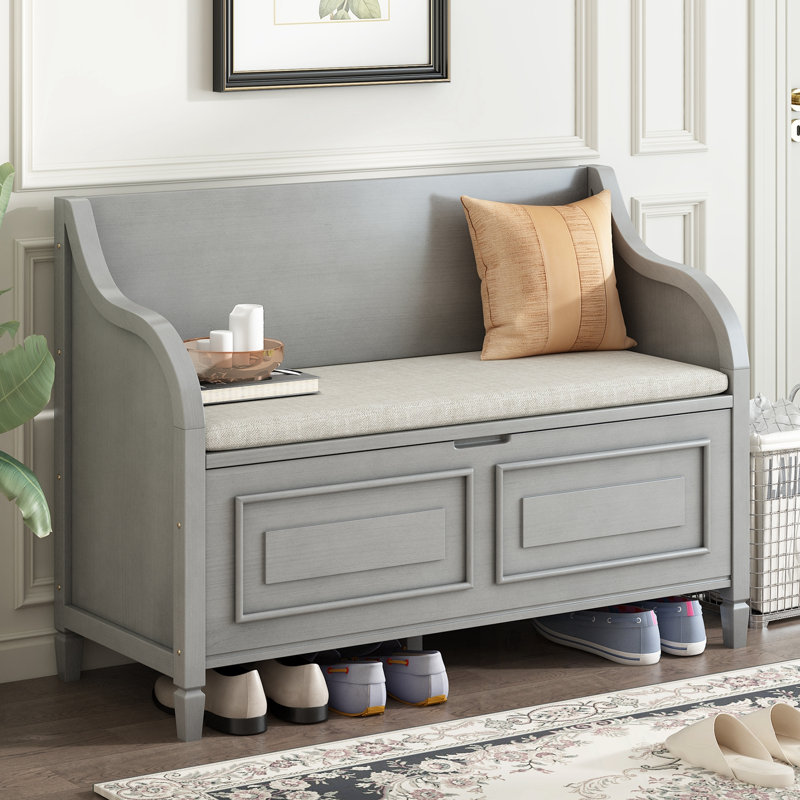 Wood Entryway Multifunctional Storage Bench with Safety Hinge, Gray Wash