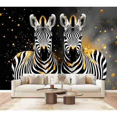 Paire de papiers peints adhésifs zèbres décoratifs dorés à l'aquarelle abstraite H 69 po x l 96 po, papier mural amovible en PVC, autocollant pour chambre à coucher, bureau à domicile