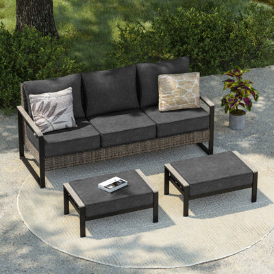 3 Pieces PE Rattan Patio Set, 3-Seater Sofa With Thick Cushions and Sturdy Frame